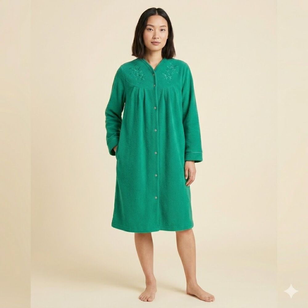 Miss Elaine Emerald Green Fleece Robe Floral Embroidery Snap Housecoat Large